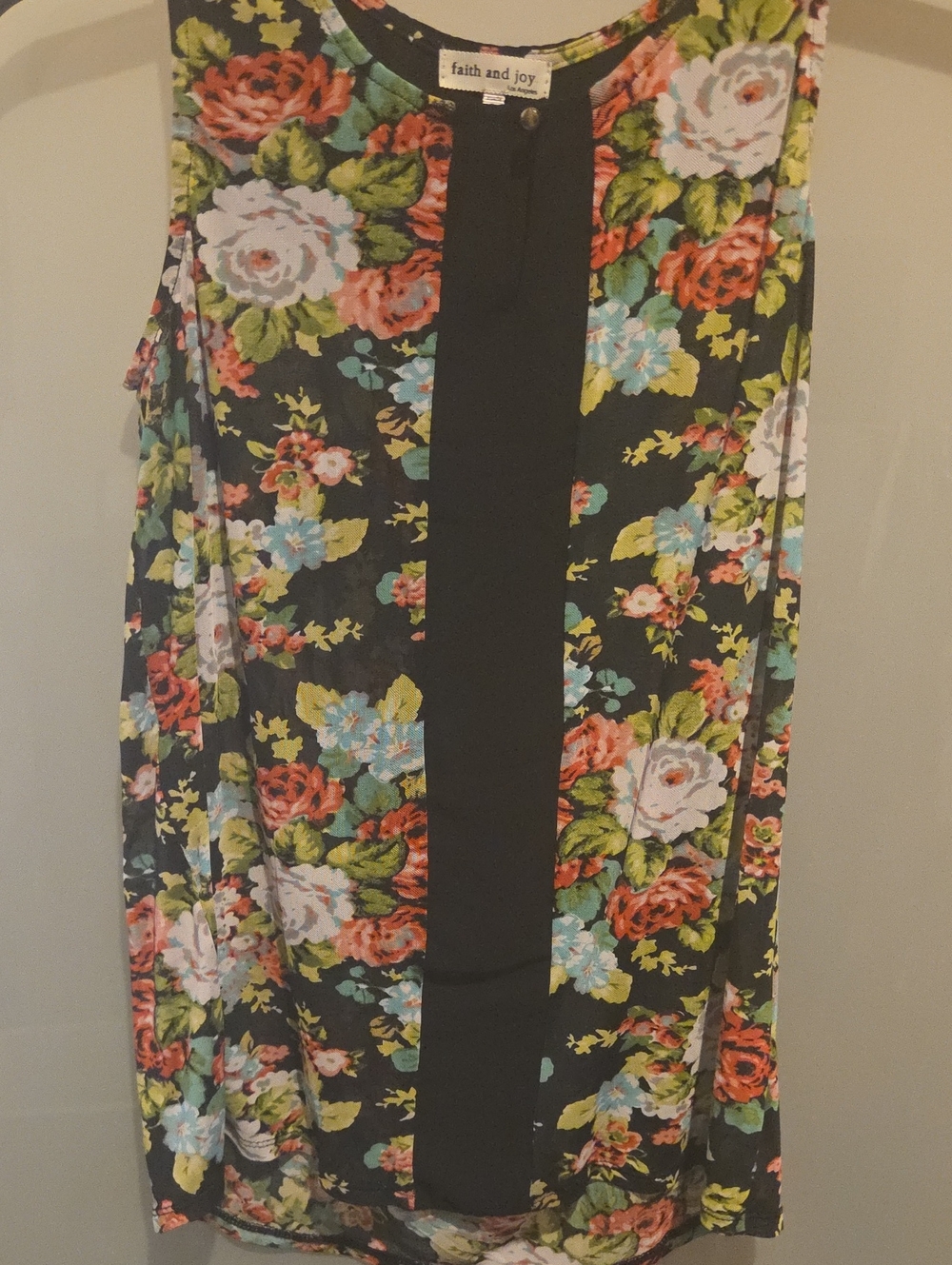Faith and Joy Black Floral Sleeveless Top with Multicolor Blooms